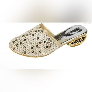 Gold Mesh Slides w/Round Toe Silver &‎ Gold Sequins Open Circle 1.5” Heels